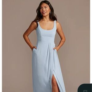 David's Bridal Light Blue Scoop Neck Maxi Dress with Front Slit